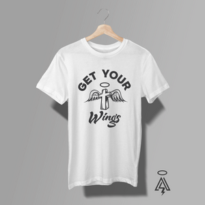 White t-shirt with black graphic a Cross with wings and a halo and text 'GET YOUR WINGS'