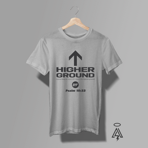 Heather Gray tee with text "HIGHER GROUND" and Psalm 18:33.