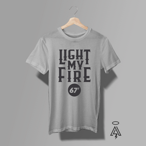 Heather Gray t-shirt with 'Light My Fire 67' text.