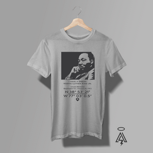 Heather Gray t-shirt with a graphic of Martin Luther King Jr.- I have a dream and coordinates.