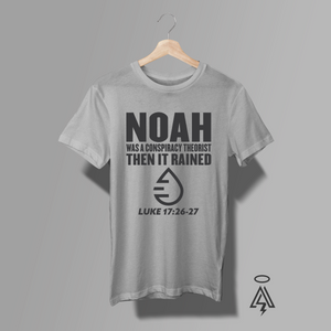 Make a bold statement of faith with this striking, conversation-starting heather gray tee inspired by Luke 17:26–27.
