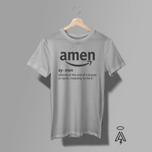 Heather Gray t-shirt with 'amen' graphic and definition, a mockup of "Amazon."
