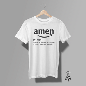 White t-shirt with 'amen' graphic and definition, a mockup of "Amazon."