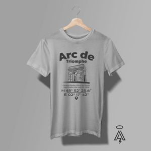 This clean, modern graphic heather gray tee pays tribute to one of the world’s most powerful monuments — the Arc de Triomphe, the heart of Paris and a lasting symbol of French pride, remembrance, and resilience. Below the Coordinates.