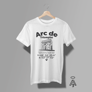 This clean, modern graphic white tee pays tribute to one of the world’s most powerful monuments — the Arc de Triomphe, the heart of Paris and a lasting symbol of French pride, remembrance, and resilience. Below the Coordinates.