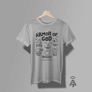 Heather Gray t-shirt with 'Armor of God' design, icons and Ephesian 6:10-18.