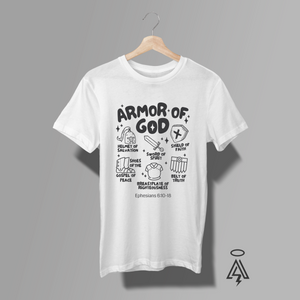 White t-shirt with 'Armor of God' design, icons and Ephesian 6:10-18.