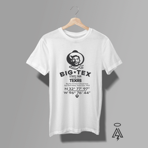 A white short-sleeve t-shirt. The shirt features a black graphic print of the Big Tex  and the State Fair of Texas logo with coordinates below it.