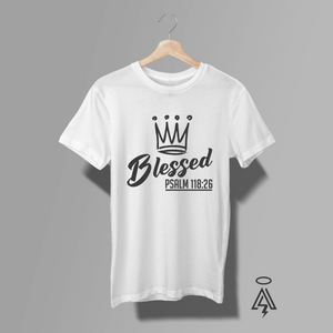 Gray t-shirt with 'Blessed Psalm 118:26' design with a crown and script "Blessed."