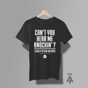 Turn up the volume on faith and rock history.
This “Can’t You Hear Me Knockin’?” tee fuses the swagger of classic rock with the soul of scripture, pairing a legendary Stones-song and inspired phrase with Revelation 3:20’s iconic message: “I stand at the door and knock.”