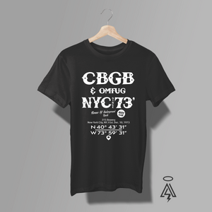 Black t-shirt with 'CBGB & OMFUG NYC 73' text with coordinates below it.