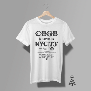 White t-shirt with 'CBGB & OMFUG NYC 73' text with coordinates below it.