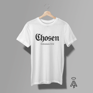 White t-shirt with 'Chosen-Colossians 3:12' text.