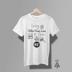 This white tee delivers pure 90s alt-rock attitude with a playful, offbeat twist—perfectly capturing the quirky, ironic spirit of “Dizz Knee Land” by Da Da. The design features a loose, hand-drawn, doodle-style graphic that feels like it came straight out of a band’s tour notebook.