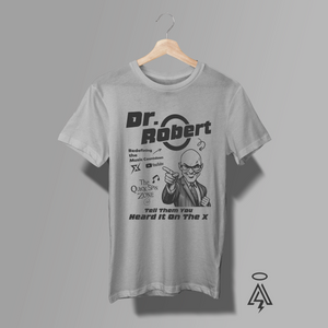 Turn up the volume with the Dr. Robert – Quick Spin Zone Heather Gray tee — a bold tribute to YouTube/X’s own rock & roll time traveler.