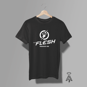Black t-shirt with black logo mockup of "Flash" but with a Biblical spin "The Flesh" and scripture Romans 8:6.