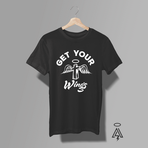 Heather Gray t-shirt with black graphic a Cross with wings and a halo and text 'GET YOUR WINGS'