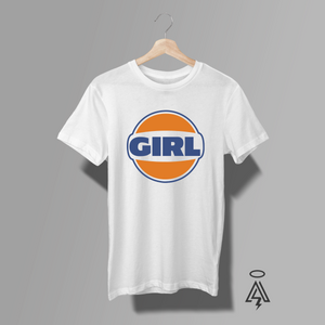 This tee is pure throwback attitude with instant 90s icon energy. The design features a bold, retro-inspired “GIRL” logo styled like the classic vintage gas station (Gulf) badge— that screams timeless Americana. Made famous in the ‘90s and memorably worn by Pamela Anderson, this look became a pop-culture staple—equal parts playful, sexy, and carefree. She wore this tee on a Baywatch Episode-S6 E16 -Freefall-February 25, 1996.