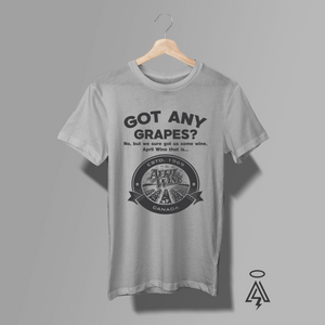 Heather Gray t-shirt with 'GOT ANY GRAPES?' text and APRIL WINE themed vineyard logo.