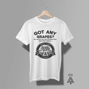 White t-shirt with 'GOT ANY GRAPES?' text and APRIL WINE themed vineyard logo.
