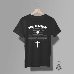 He Knew – Faith Meets Classic Rock Tee
Bold. Timeless. Truth-driven.
This striking black tee takes inspiration from the reflective depth of the 1976 Kansas track “He Knew (Portrait)” and reframes it with a powerful biblical message rooted in Hebrews 1:1–3.