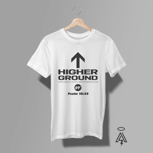 White tee with text "HIGHER GROUND" and Psalm 18:33.