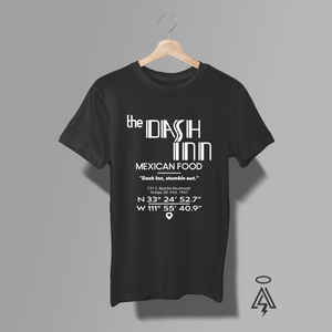 A black short-sleeve t-shirt. The shirt features a white graphic print styled like a restaurant menu entry for 'the Dash Inn' with coordinates and a small logo in the bottom right corner.