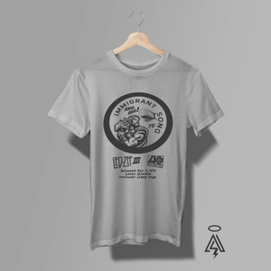 Heather Gray t-shirt with graphic design of "The Immigrant Song" by Led Zep released in 1970.