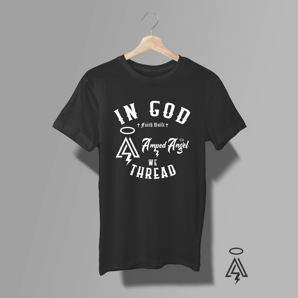 Black t-shirt with white text and logo 