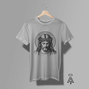 Heather Gray t-shirt with a graphic of a JESUS wearing a crown of thorns.