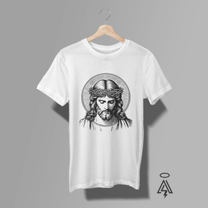 White t-shirt with a graphic of a JESUS wearing a crown of thorns.