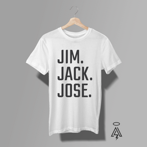 The “Jim. Jack. Jose.” graphic tee is a bold, minimalist nod to three names everyone recognizes. Clean, stacked typography in strong black lettering pops against a crisp white backdrop, delivering a punch of personality with effortless style. It’s a playful cultural reference to the “three dudes” that tend to show up at parties, tailgates, and late-night stories — the kind you laugh about later. 