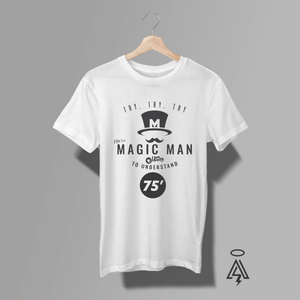 This white shirt captures the allure and attitude of the song that helped launch Heart into rock legend status. The graphic centers around a tall top hat marked with an “M,” paired with a curled mustache—an unmistakable nod to the mysterious “Magic Man” himself.