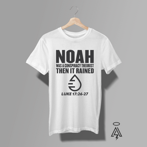 Make a bold statement of faith with this striking, conversation-starting white tee inspired by Luke 17:26–27.