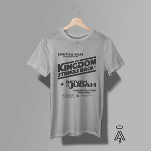 Heather Gray t-shirt with black text "SPIRITUAL WARS" The Kingdom Stricks Back and Return of the Judah as a Doube Feature mockup, Coming to a Town near You...