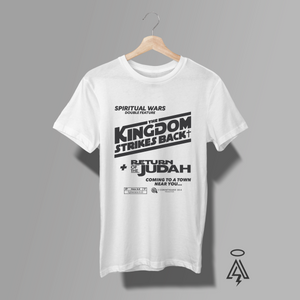Heather Gray t-shirt with black text "SPIRITUAL WARS" The Kingdom Stricks Back and Return of the Judah as a Doube Feature mockup, Coming to a Town near You...