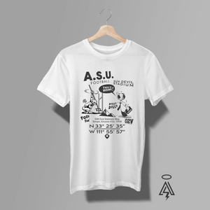 A white short-sleeve t-shirt. The shirt features a black graphic print on the front with the text A.S.U. Football with Dilly, Dilly graphic, with Fork Em' and coordinates below it.
