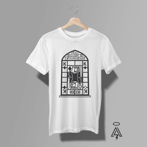 The shirt inspired by the original Album cover-The illustration resembles a stained-glass window, cathedral arch, which adds a sense of: fate or destiny.reinforcing the concept of: chance or the “turn” of fortune. Hence "Turn of a Friendly Card."