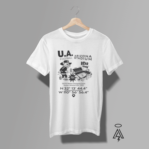 A white short-sleeve t-shirt. The shirt features a black graphic print of the U.A. Football, Arizona Stadium and "Wildcat" with caption "Bear Down" and coordinates below it.