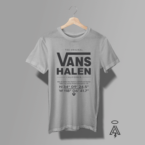 This heather gray t-shirt with Vans Halen design , a mockup of the original "Vans" Caifornia with coordinates of the Van Halen brothers childhood home.