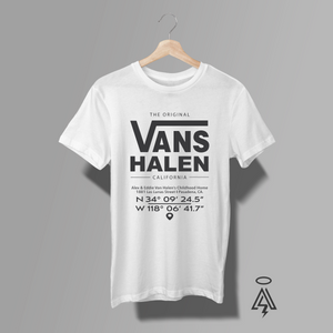 This white t-shirt with Vans Halen design , a mockup of the original "Vans" Caifornia with coordinates of the Van Halen brothers childhood home.