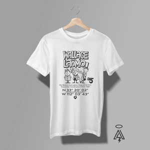 A white short-sleeve t-shirt. The shirt features a black graphic print on the front with the text 'WALLACE AND LADMO' and coordinates.