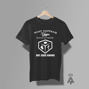 This heather gray tee flips one of the most iconic slogans of all time on its head with a little humor and a lot of heavenly perspective. “What happens in Vegas stays in Vegas…But Jesus Knows."