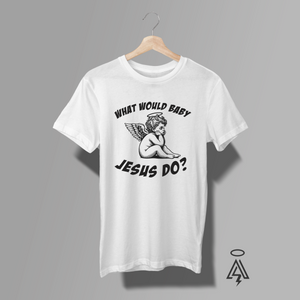 It’s a lighthearted spin on the iconic phrase. The bold, curved typography frames the classic artwork, giving it a retro feel while keeping the message front and center. In white.
