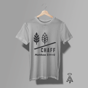 Heather Gray t-shirt with black graphic design with a Wheat/Chaff and the verse Matthew 3:11-12.