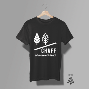 Black t-shirt with black graphic design with a Camel/Needle and the verse Matthew 19:24.