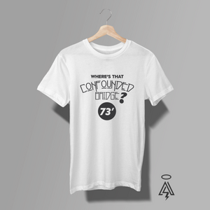 This “Where’s That Confounded Bridge?” ’73 white tee turns one of rock’s most legendary inside joke into a clean, wearable statement piece.
